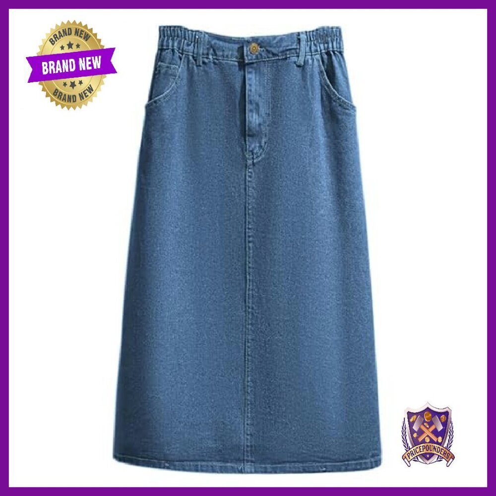 Elastic Waist Midi Denim Skirt with Pockets A-Line Flare - Picture 2 of 7